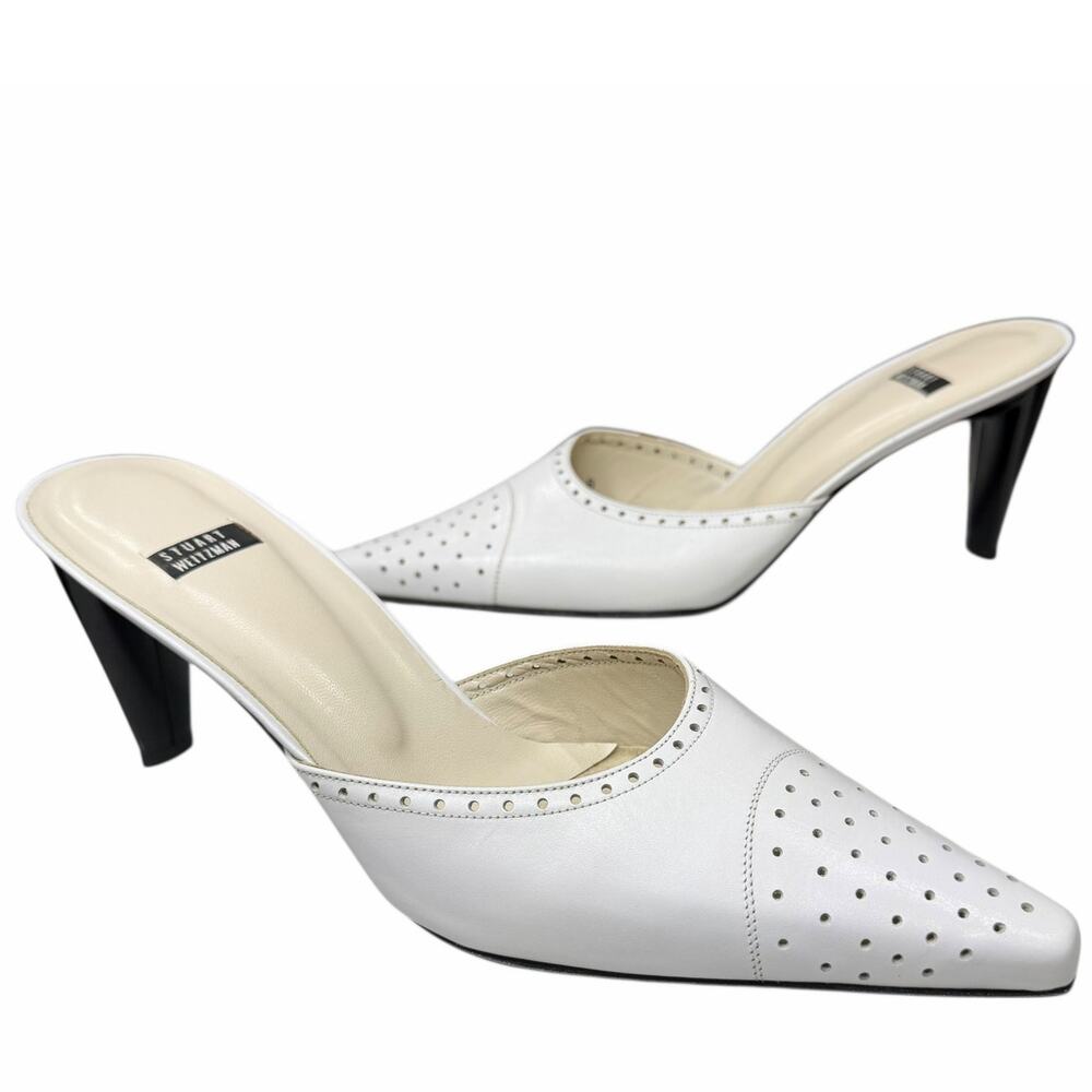 Stuart Weitzman Leather Lasercut Accents Mules 9.5 White Pointed Heels Luxury